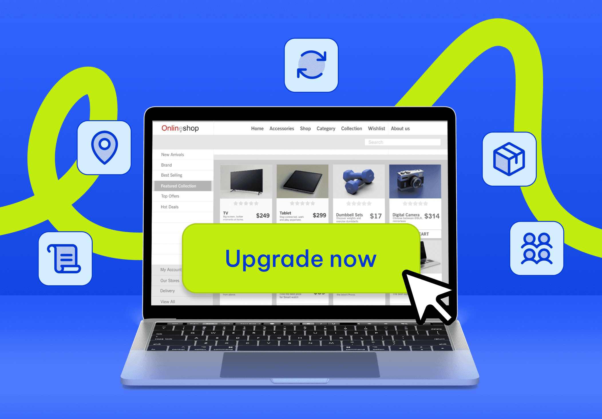 Online trade-in platform shown on a laptop with an upgrade prompt and icons for multi-location management, inventory, customers, and synchronization.