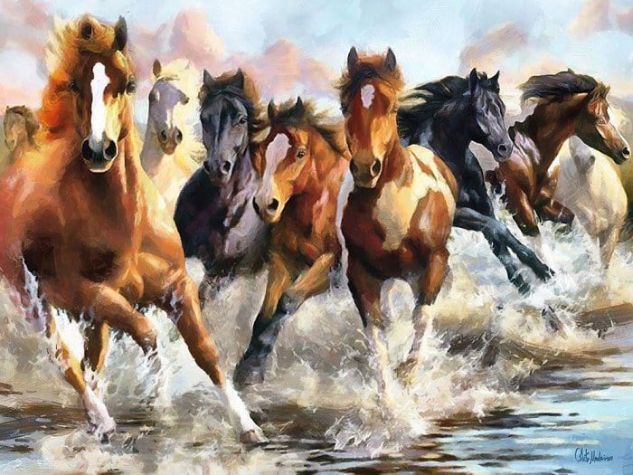 Painting of five powerful horses running through shallow water, showcasing dynamic movement and artistic brushstrokes.