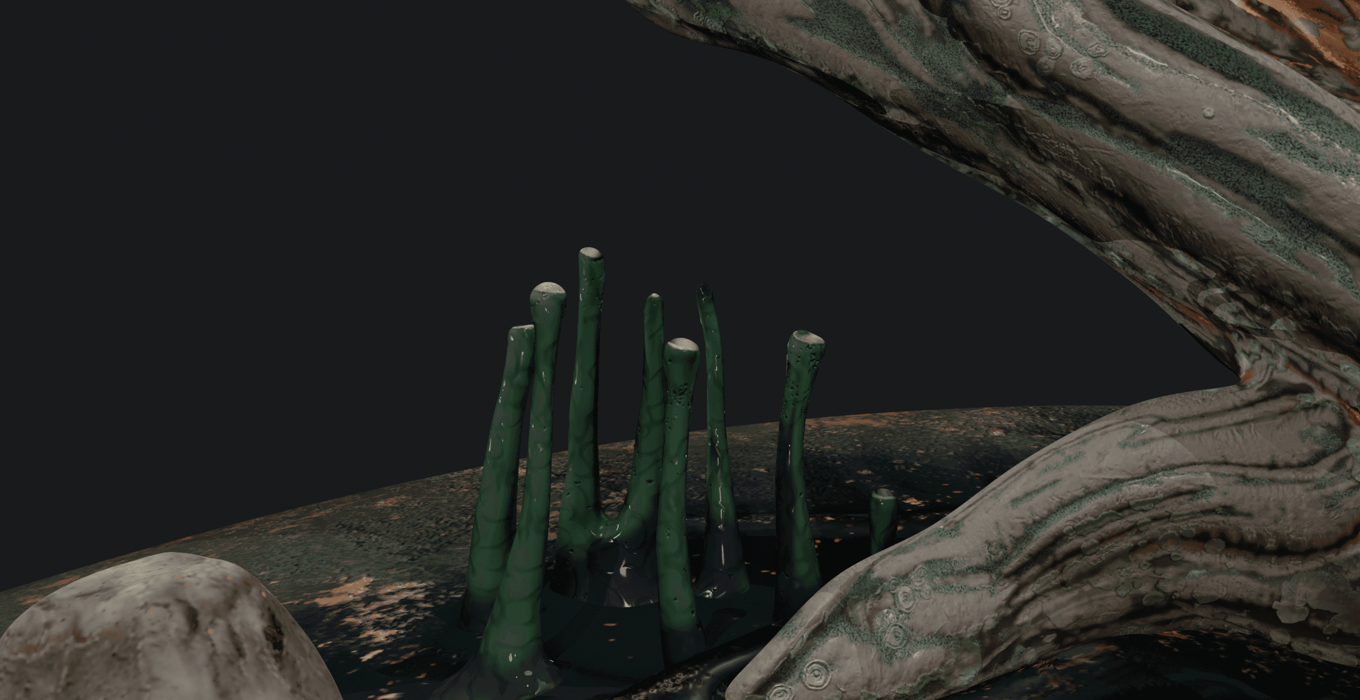 Detail render of tubular green growths emerging from the textured terrain beside a sculpted tree form.