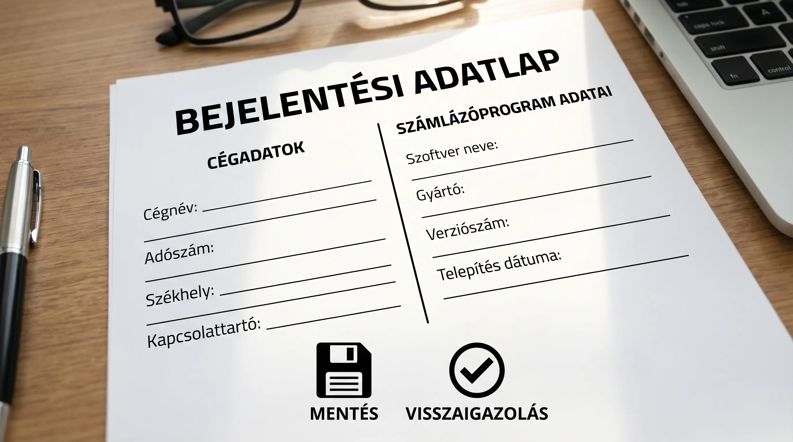 Egyszerű, magyar nyelvű illusztráció egy “Bejelentési adatlap” fogalmáról: bal oldalon cégadatok, jobb oldalon számlázóprogram adatai, alul mentés és visszaigazolás ikon.