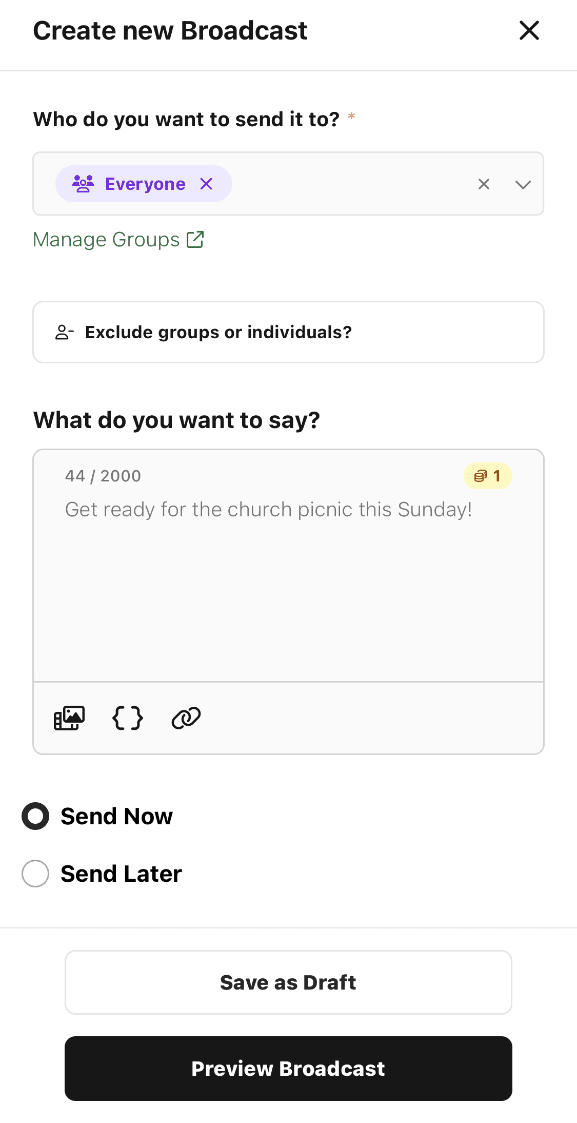 Send a message blast to your whole congregation or just a group with Broadcasts in Gloo.