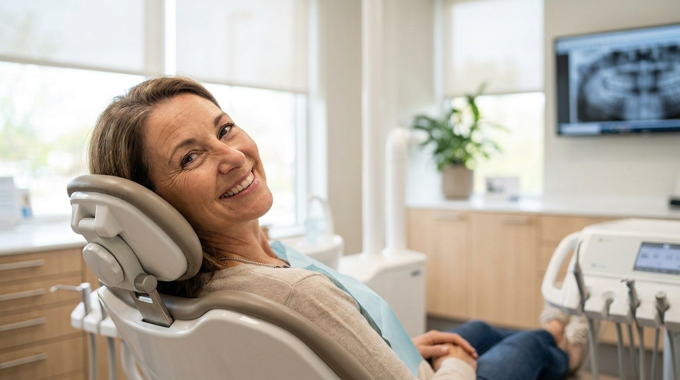 A relaxed patient smiles naturally during a cosmetic consultation in a modern dental office.