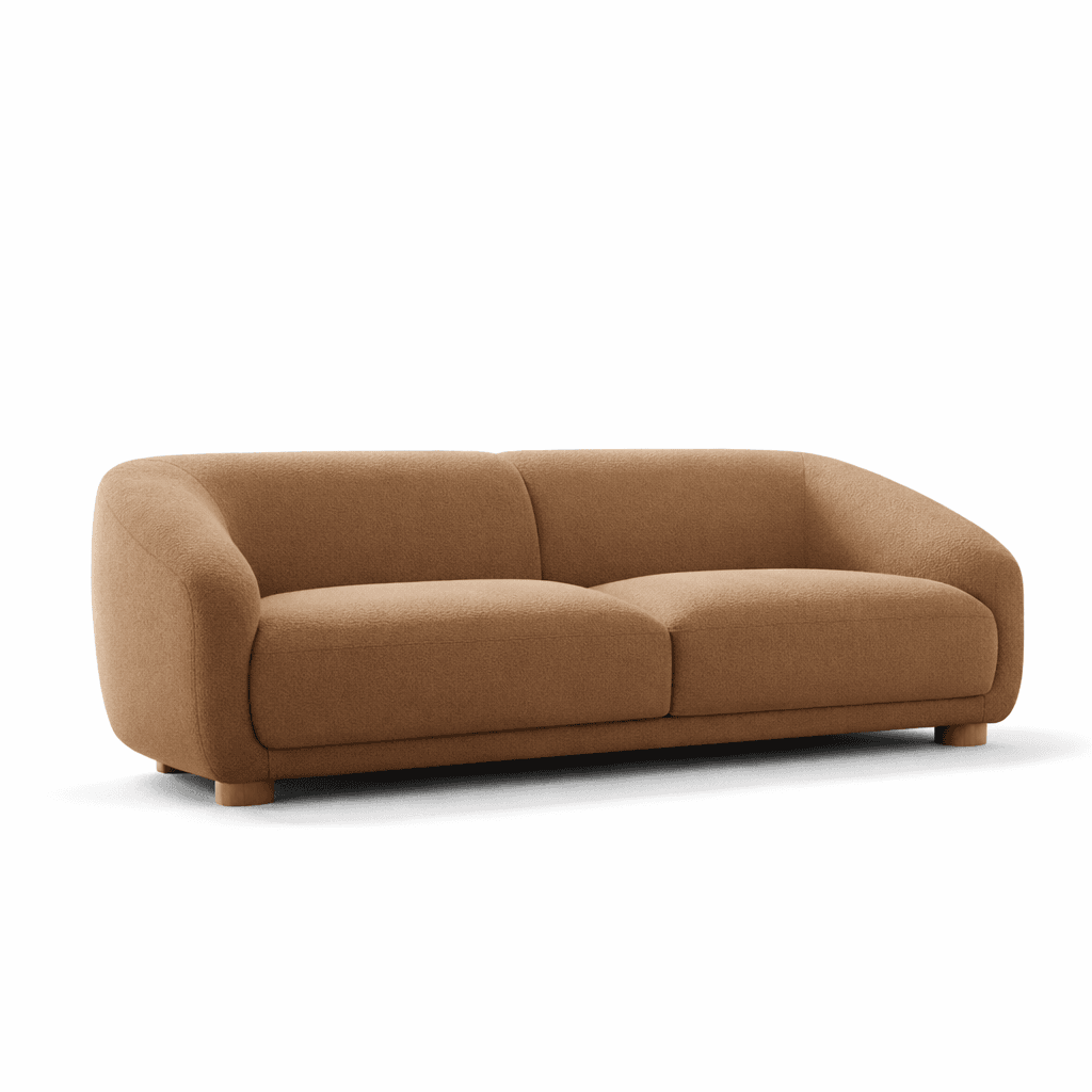 Rounded fabric seating in warm brown tone with low wooden base