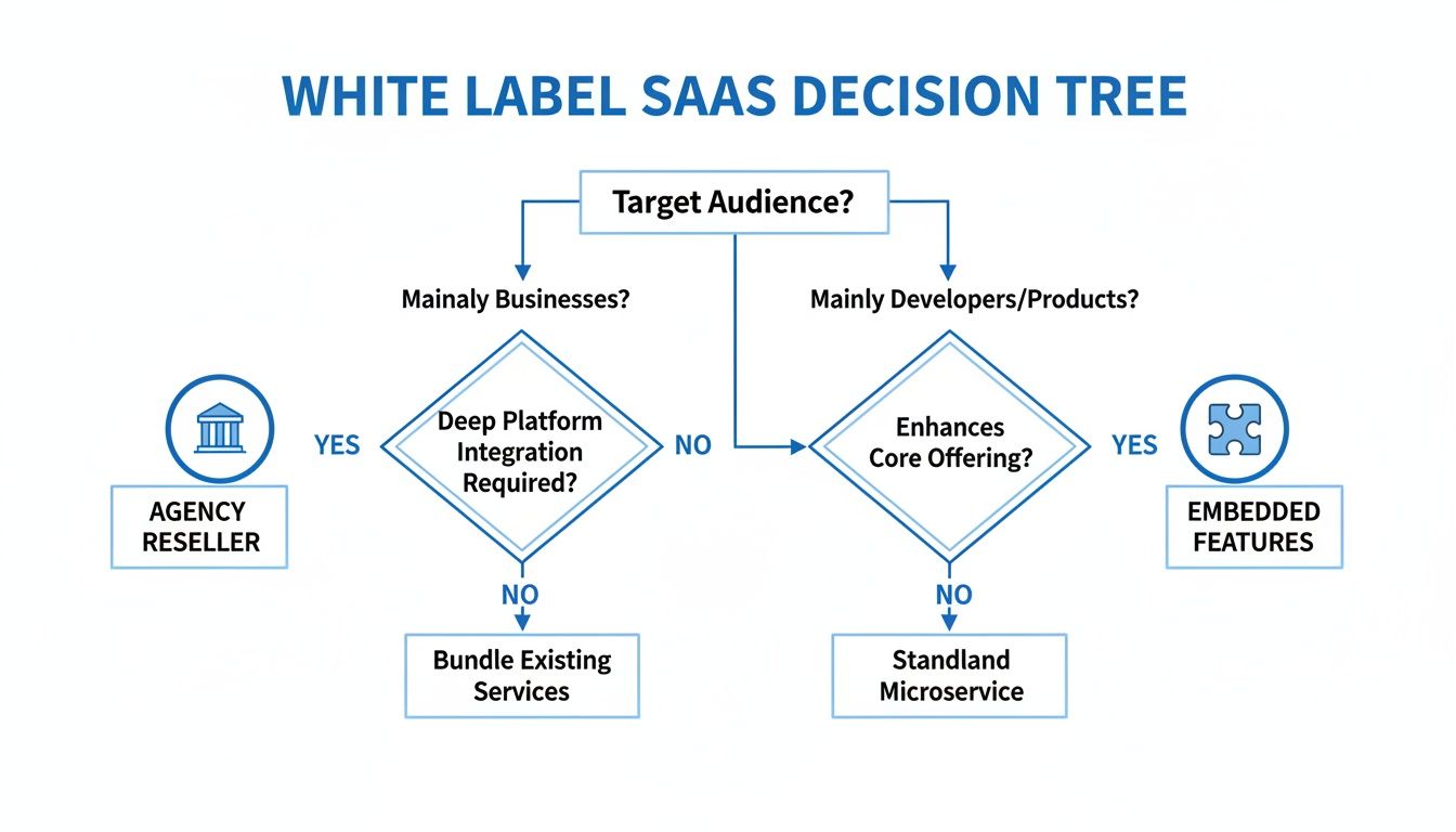 White label SaaS decision tree outlining strategies for businesses and developers.