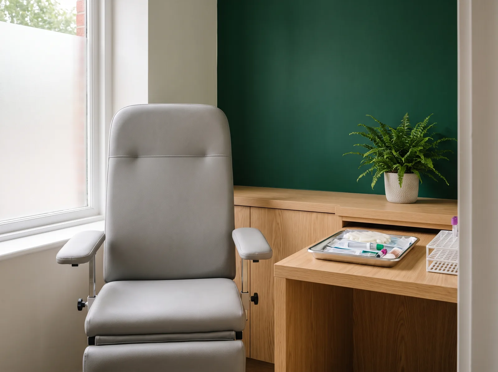 The private consultation room at Burntwood Clinic, set up for blood tests