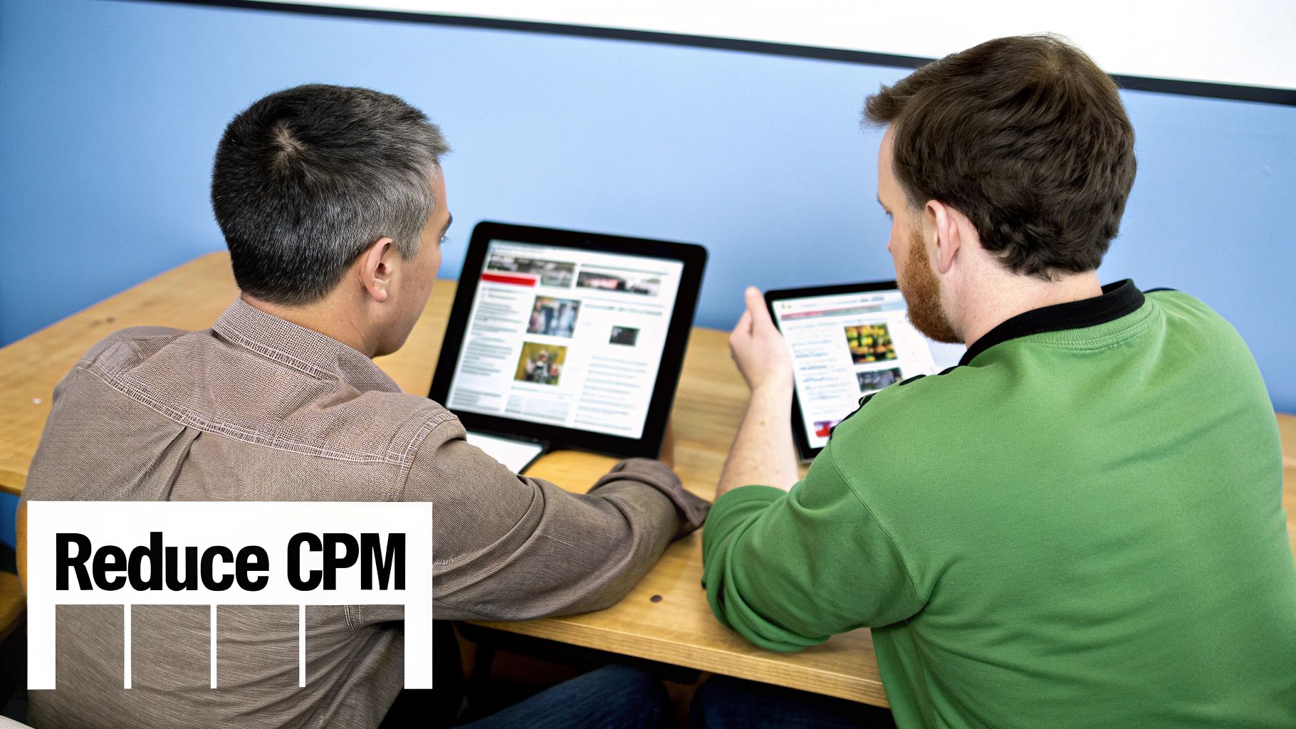 Two men from behind are collaborating, looking at digital content on a laptop and tablet.