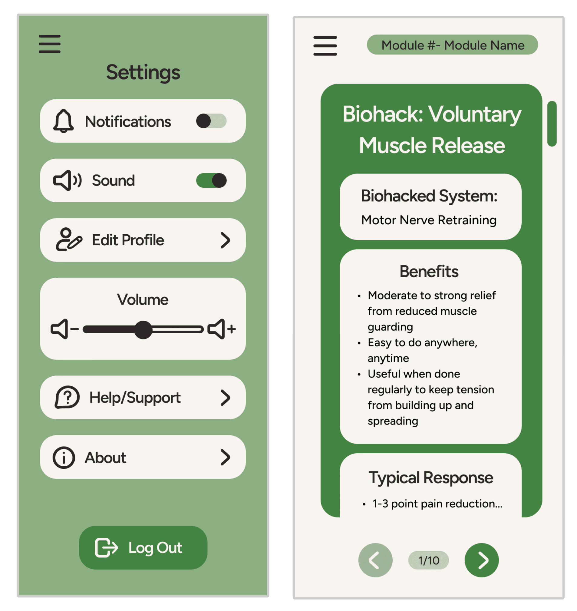 Two mobile app screens showing the app 'Settings' menu with toggle switches and an informational skill page about muscle release.