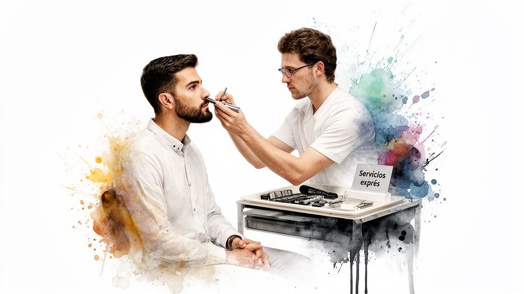 Esteticista masculino realiza recorte de barba y nariz a un cliente, ofreciendo servicios exprés en estilo acuarela.