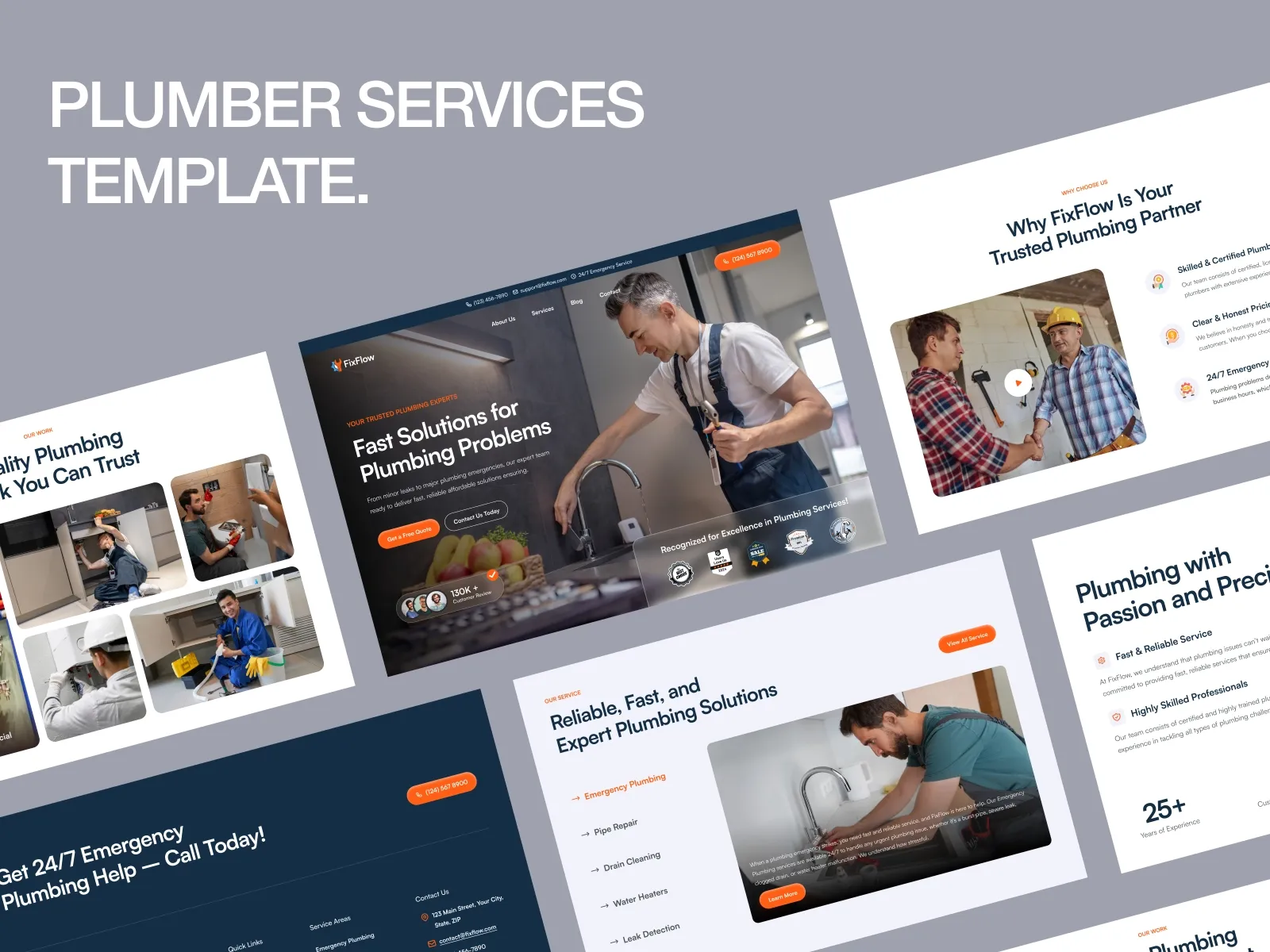 PlumbFlow plumbing service template showcasing multiple page layouts with emergency services, trust badges, and expert team.