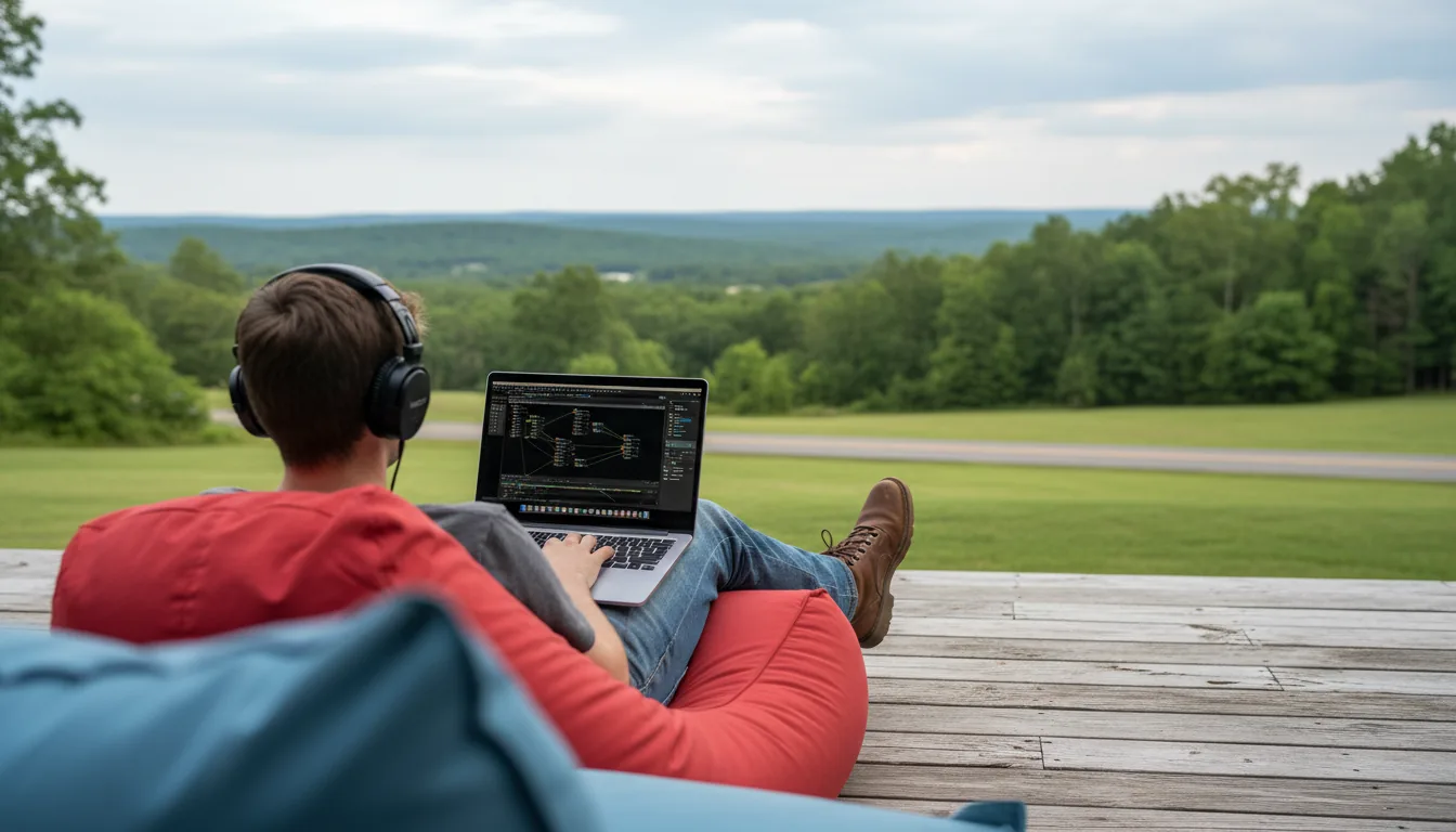 DSLR photography from a rear-angle view of a person wearing headphones, jeans, and boots, lounging on a large red beanbag chair on a spacious wooden deck. They are working on a laptop, the screen showing an abstracted dark-themed UI representing the Nuke software interface. In the foreground, a corner of a blue beanbag is out of focus. The background shows a green lawn, a road, and a scenic view of rolling, tree-covered hills under a cloudy sky. The scene is captured with natural daylight and a moderate depth of field, focusing on the person and their workspace.