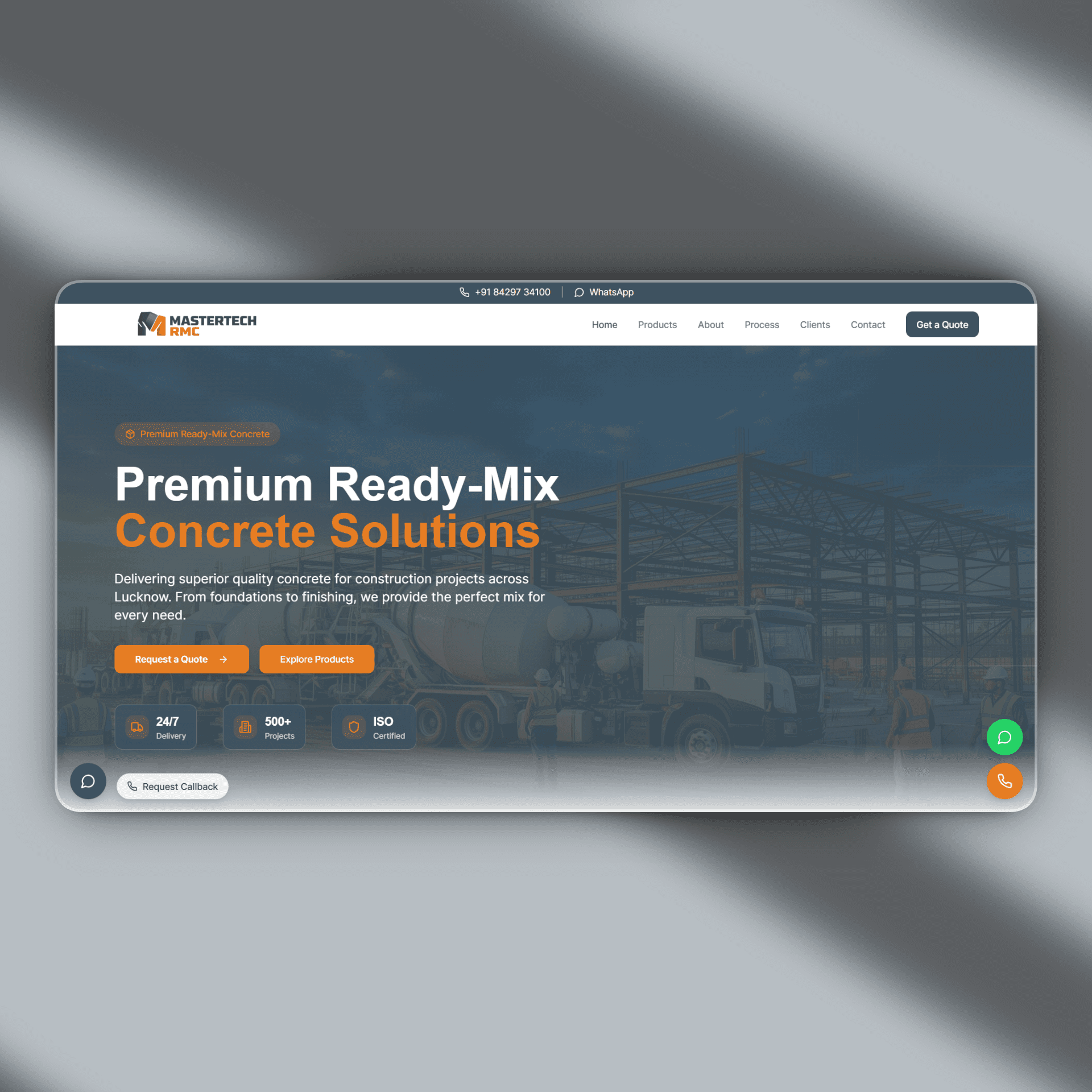 Construction Company Landing Page Design and Soft shadow on the Grey Wall at Background