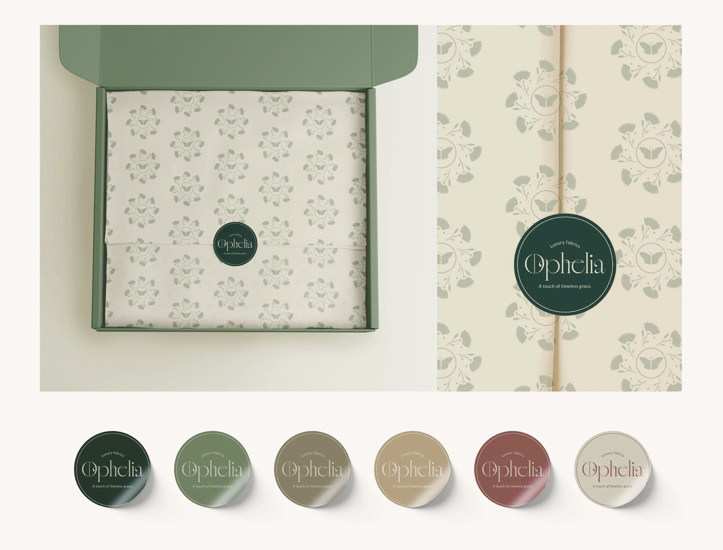 Luxury tissue paper and sticker designs for Ophelia packaging