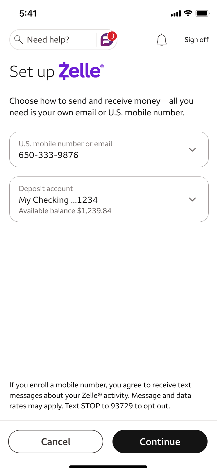 After, consolidated Setup Zelle screen