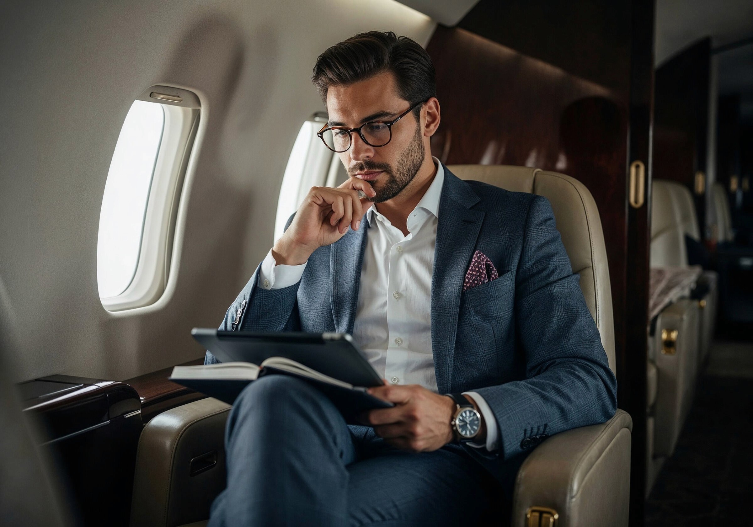 Stylish Male Entrepreneur on private plane 