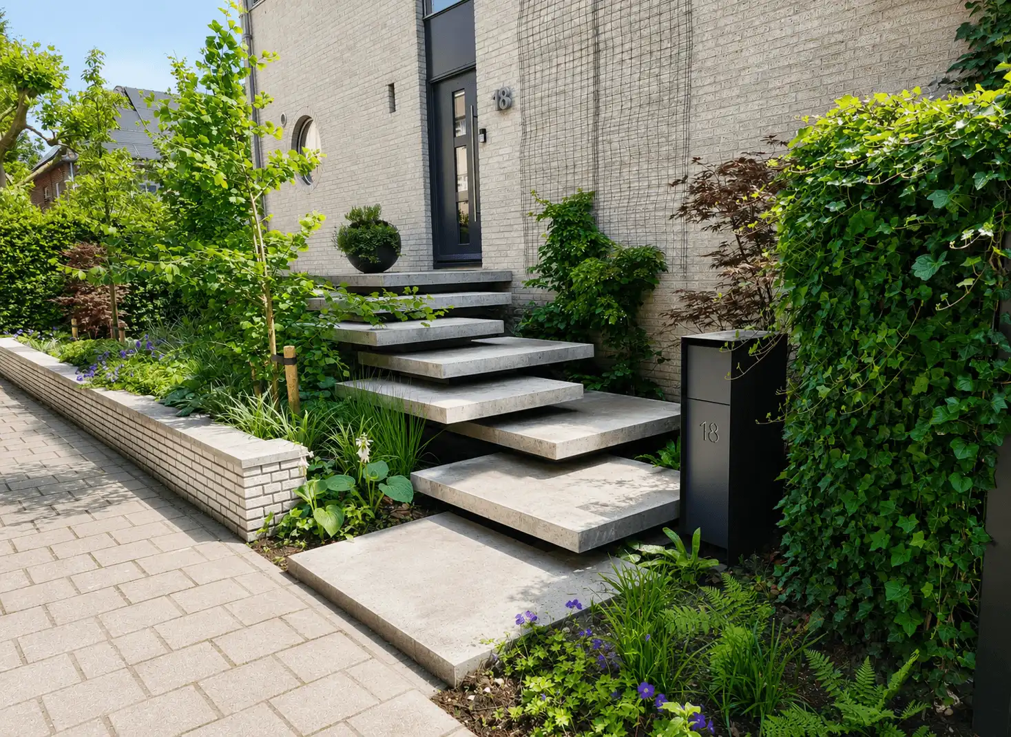 Strakke tuinaanleg van elegante staptegels in Malden door Hoveniersbedrijf Star Landscaping
