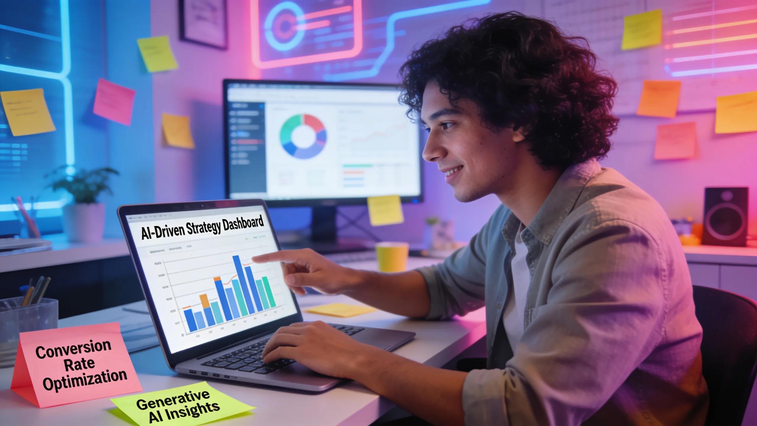 A marketing professional working in a modern office, emphasizing digital marketing strategies and collaboration for improved conversion rates.