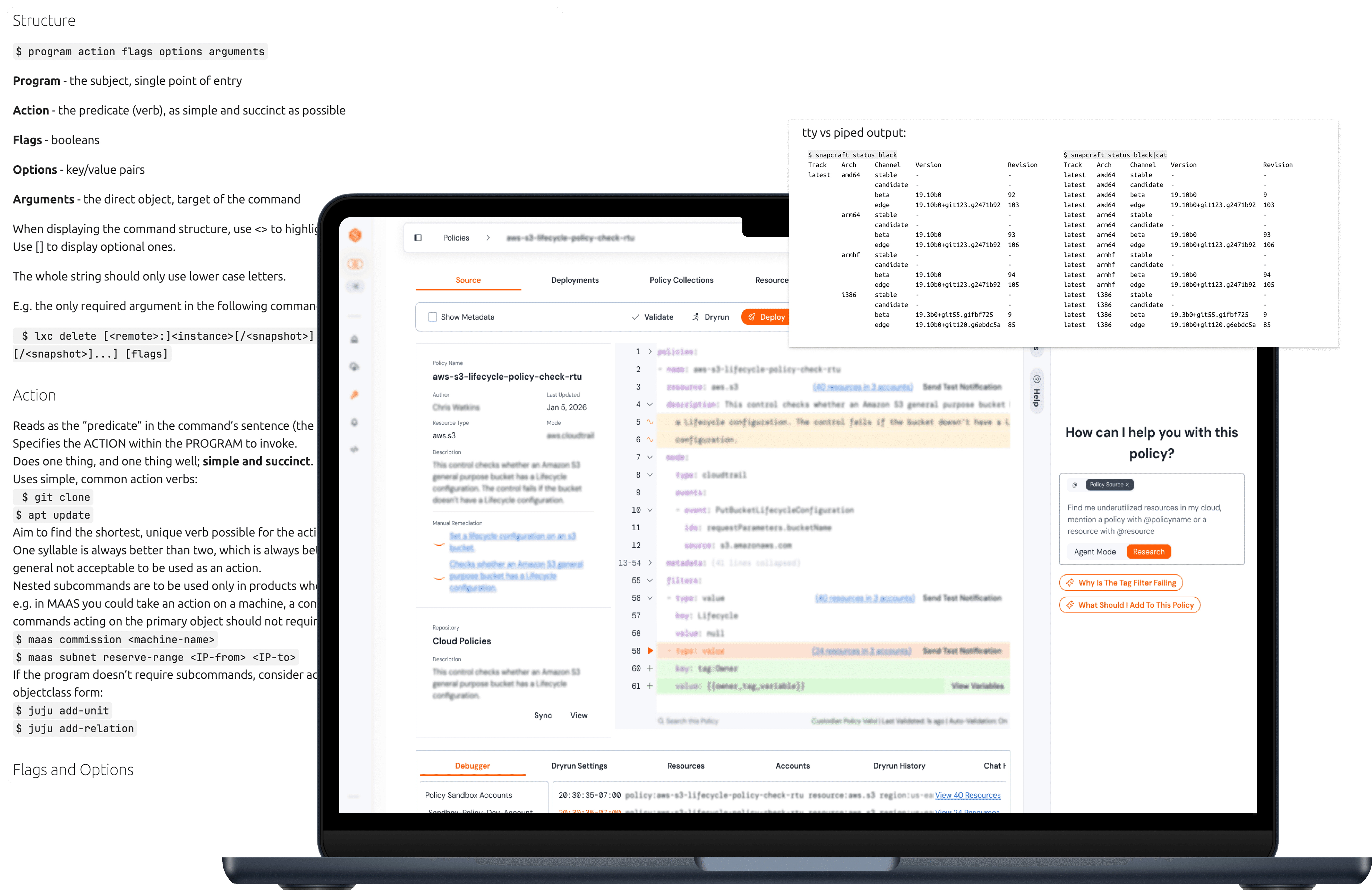 Example of CLI and developer experience designs