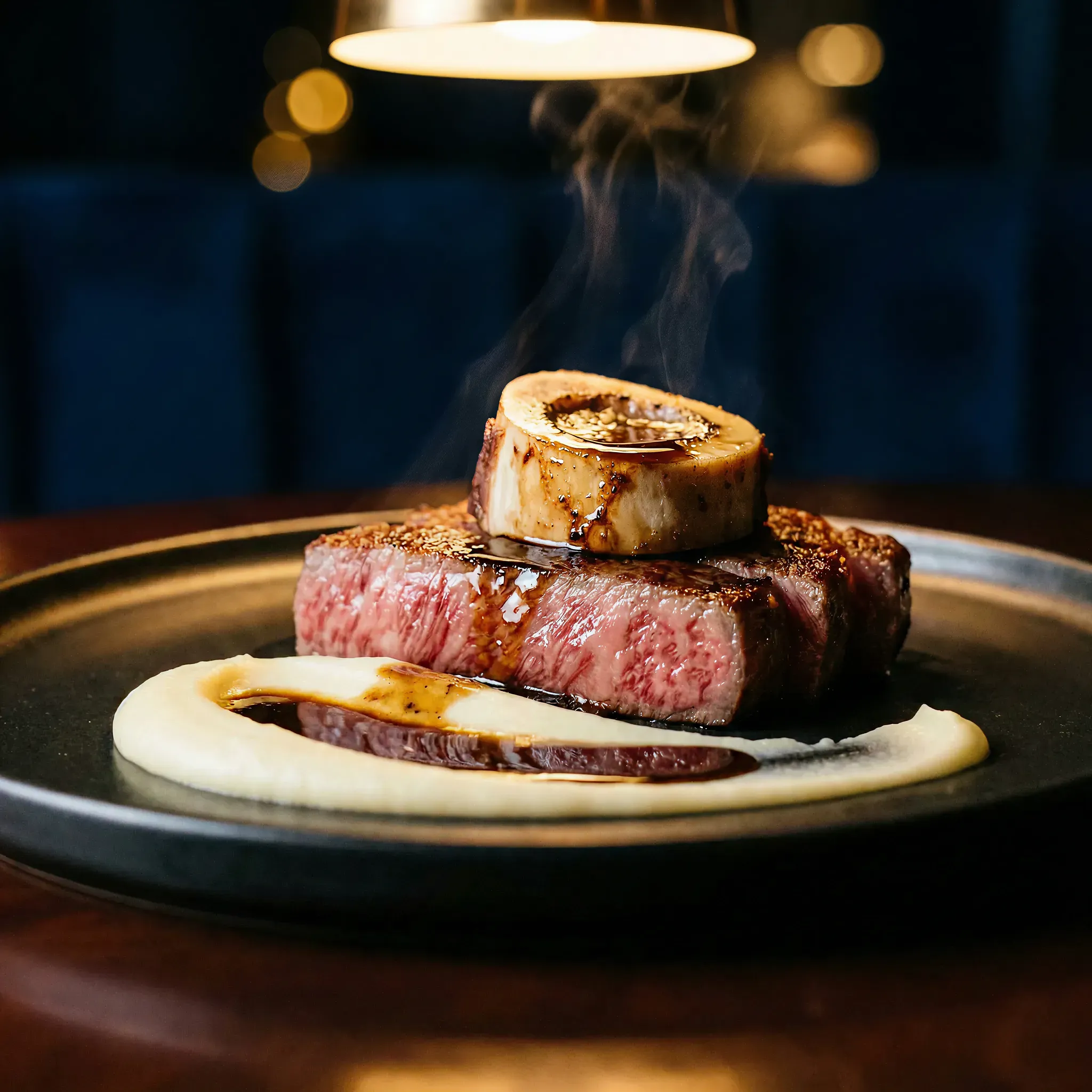 A perfectly cooked steak topped with a round of bone marrow on a black plate, surrounded by creamy puree. Steam rises against a blurred, dimly lit background.