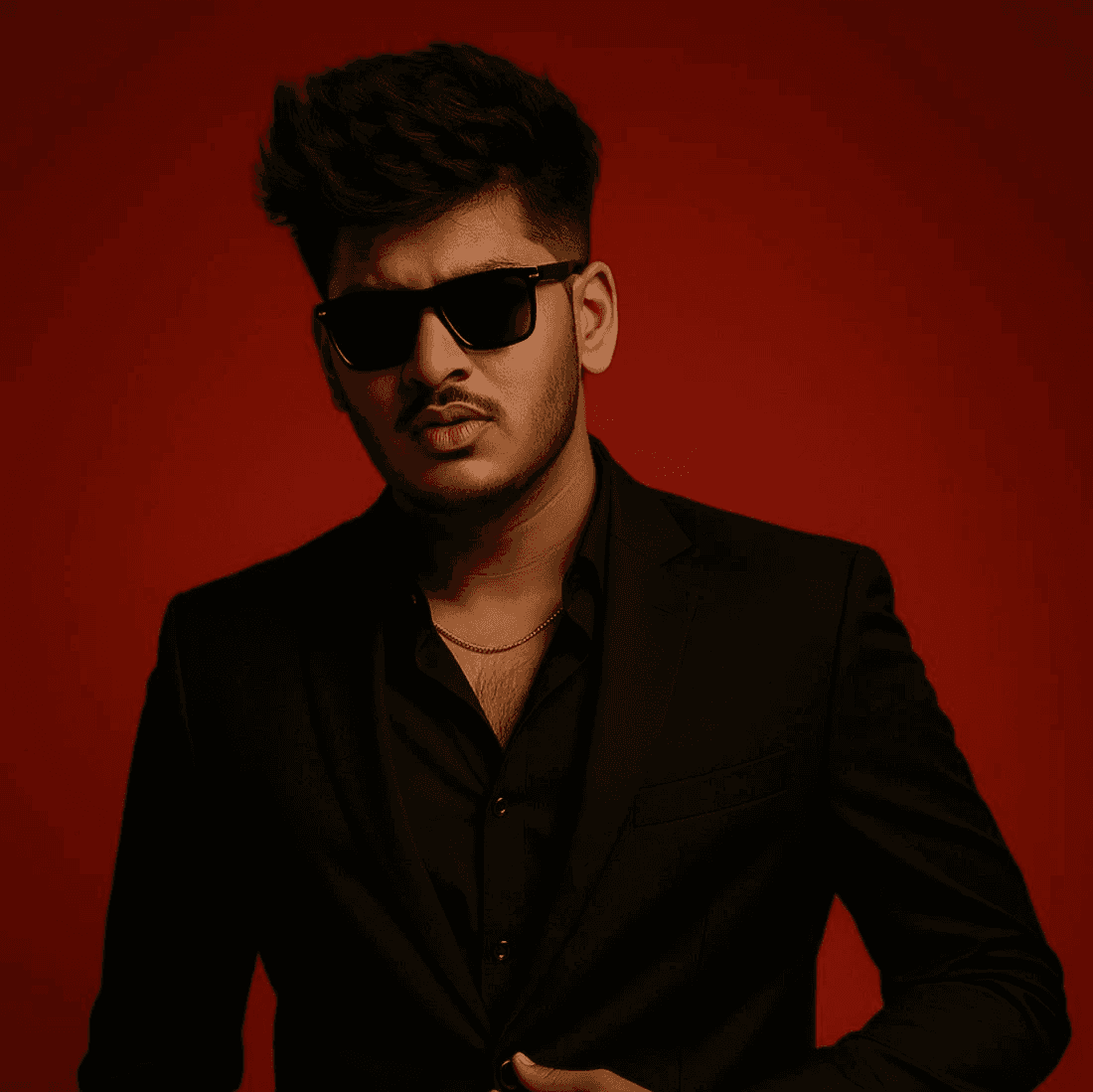 A young person in a gray shirt stands in focus against a blurred background with moving figures, creating a striking visual contrast.