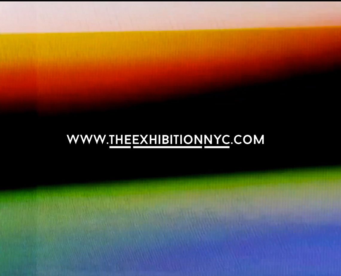 The image displays the website address "www.theexhibitionnyc.com" against a blurred background of horizontal bands of orange, yellow, green, and blue. The text is centered and appears in white sans-serif font.