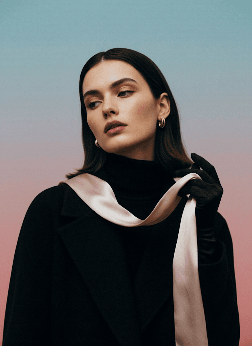 A woman posing with silk strap around her neck