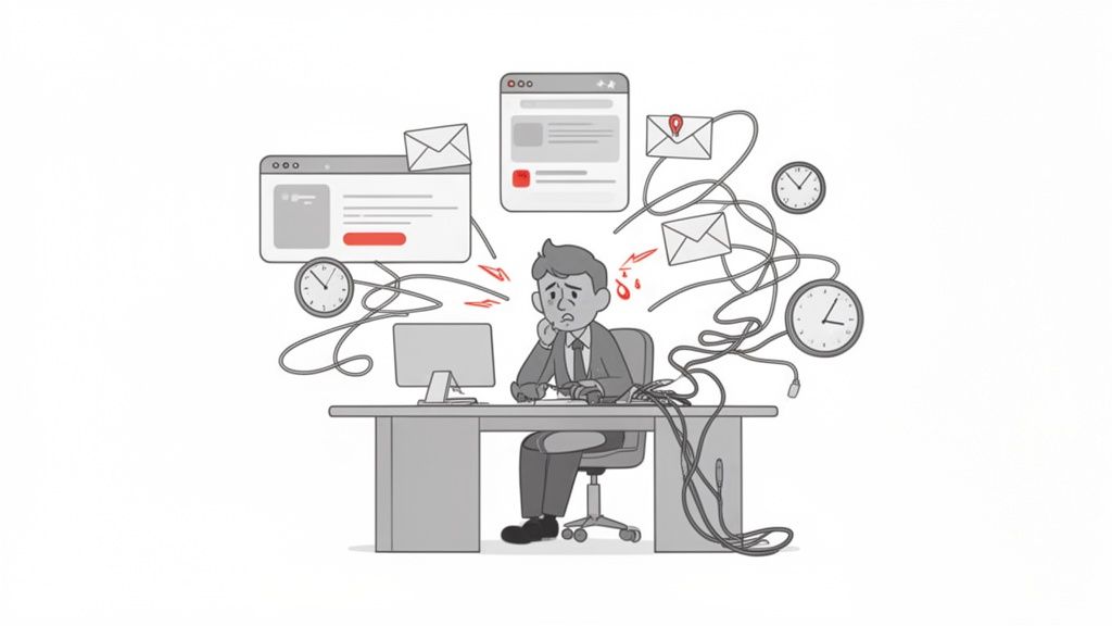 A stressed employee sits at a desk, overwhelmed by multiple open browser windows, emails, and tangled wires, indicating digital overload.