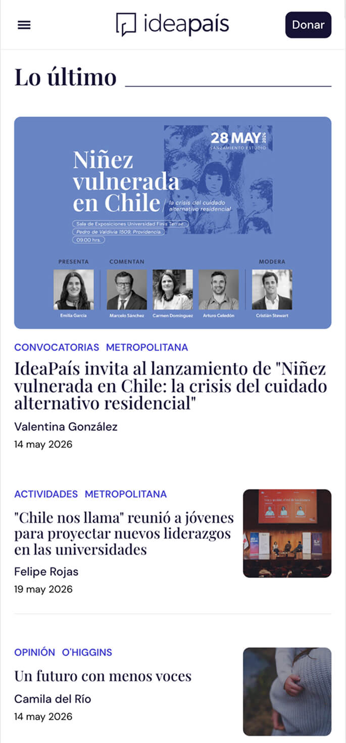 Diseño web mobile Ideapais sección Lo Último listado de noticias