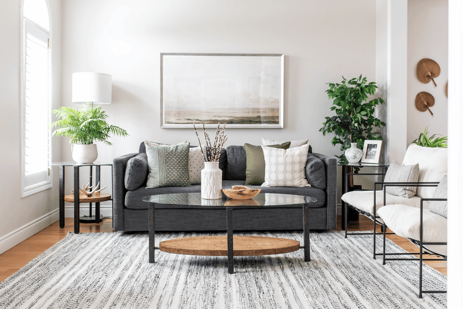 Cozy calm living room in gray, green and off-white tones