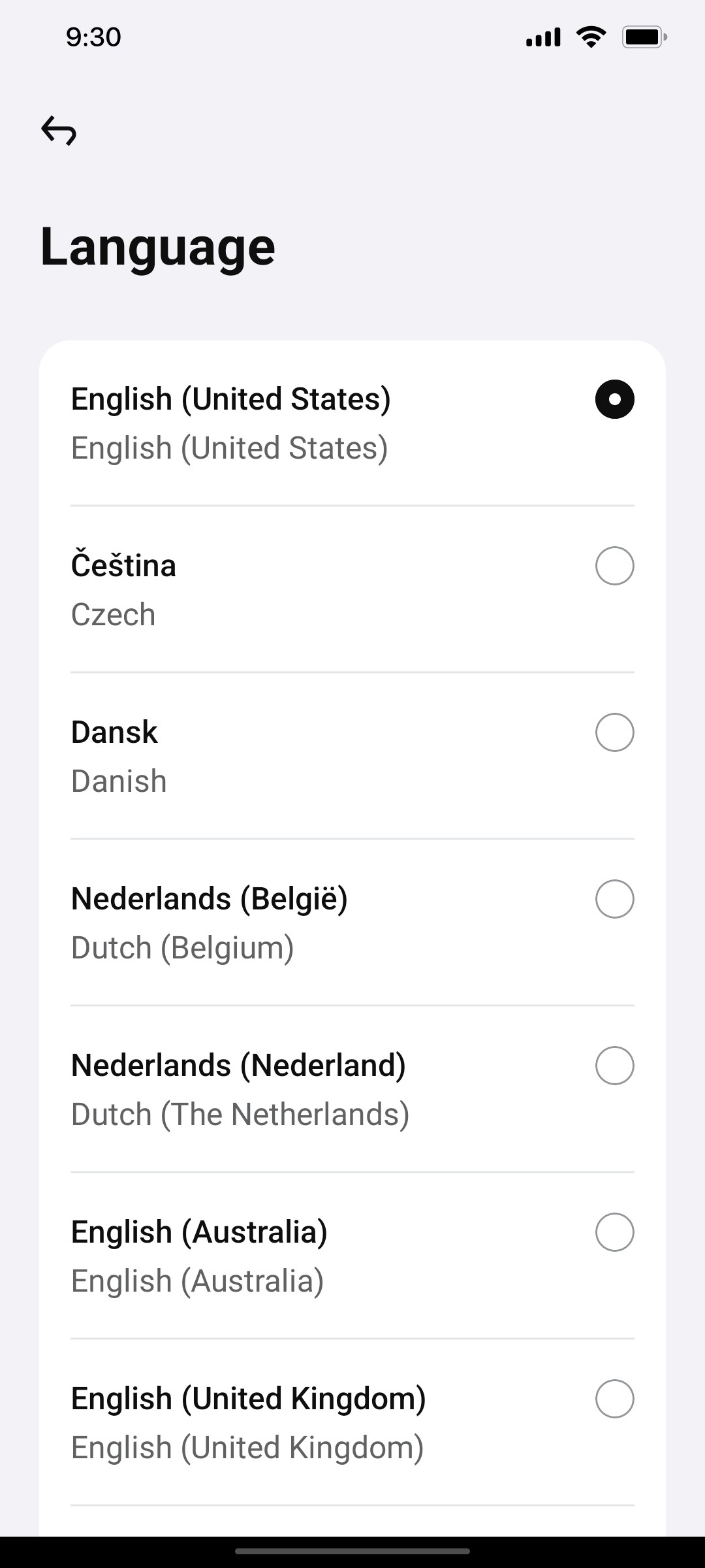 Klarna  Language Page Screen