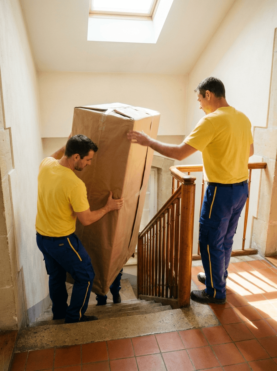 Zwei Bernans Mitarbeiter tragen einen verpackten Schrank durch das Treppenhaus