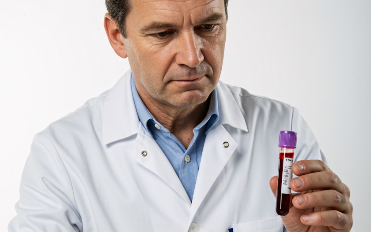 A male scientist in a white lab coat examines a vial of blood with a focused expression. The background is plain white, indicating a lab setting.