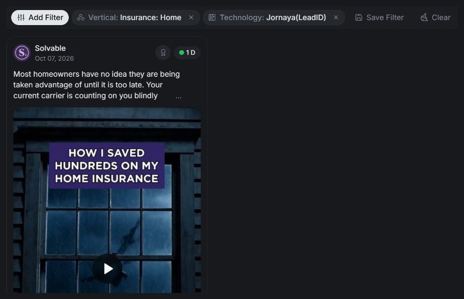 AdPlexity Social, Explore, Ads, with the Vertical: Insurance: Home and Technology: Jornaya(LeadID) filters applied