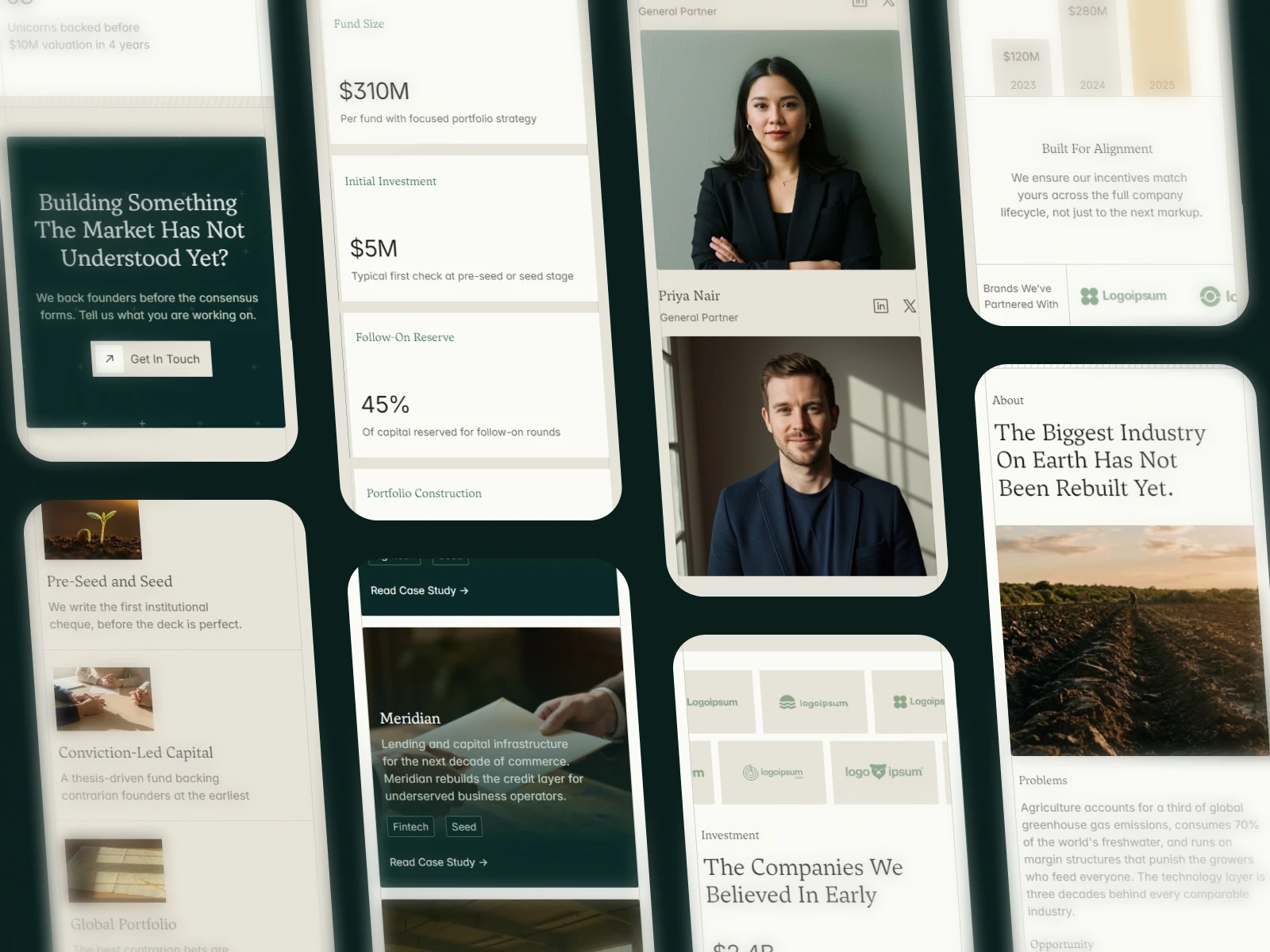 Venture capital website screenshots, diverse team photos.
