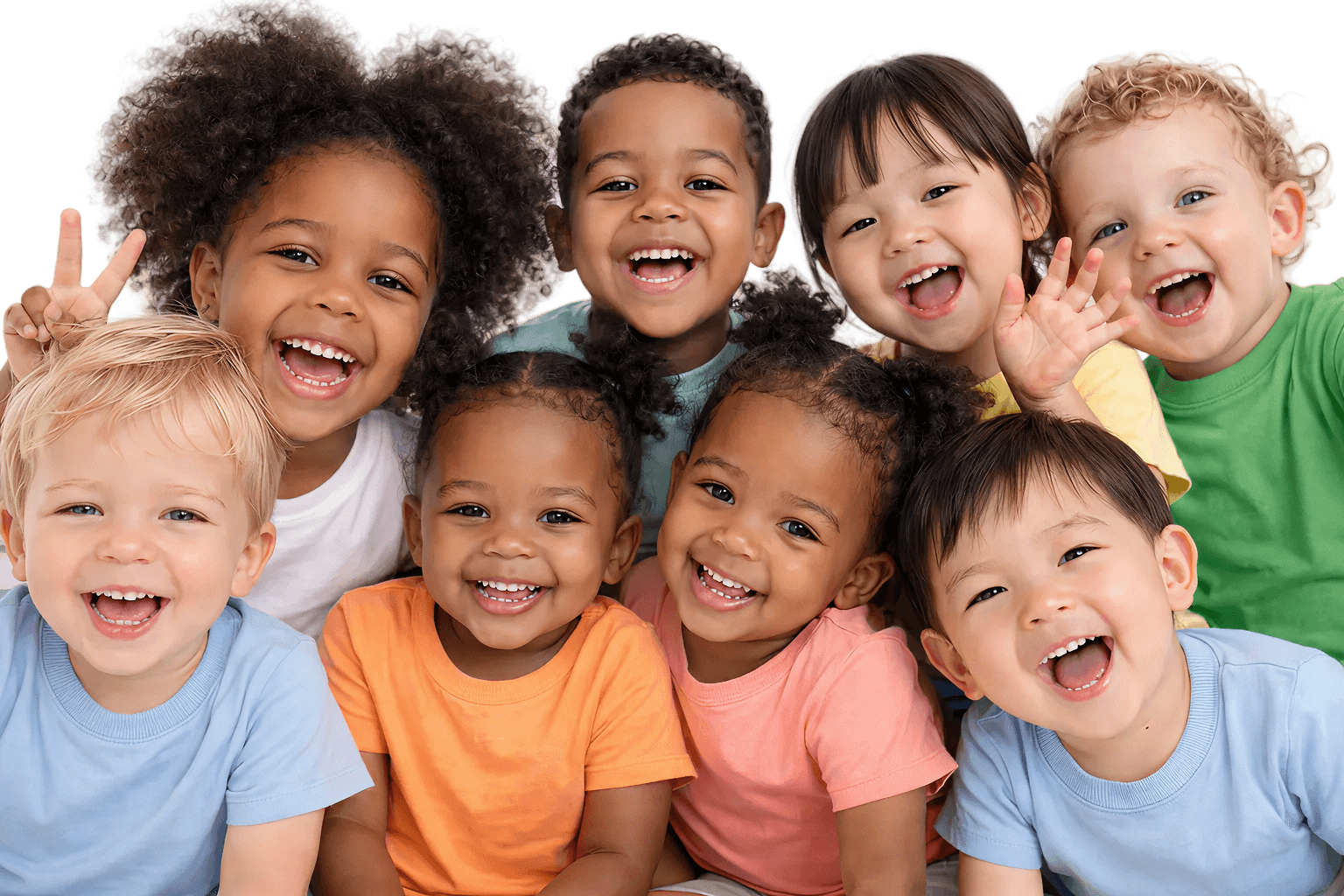 Diverse group of happy preschool children smiling together at a faith-based childcare center