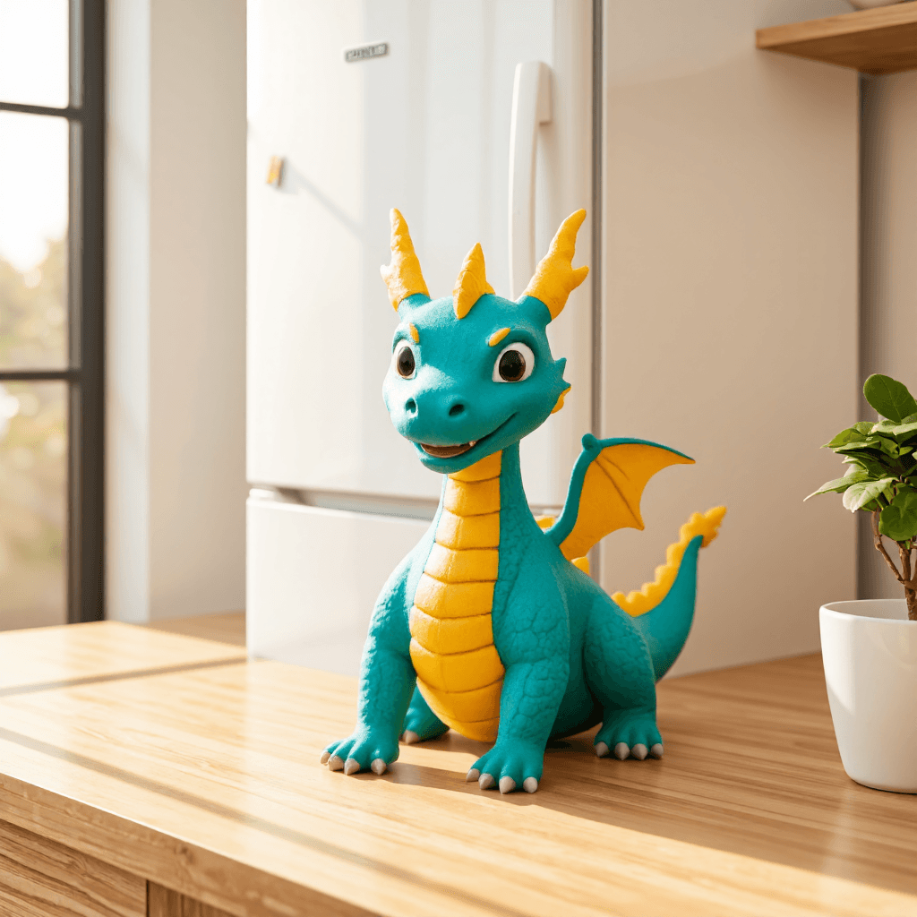 product photography of a cute dragon-shaped figure, likely a toy or decorative item