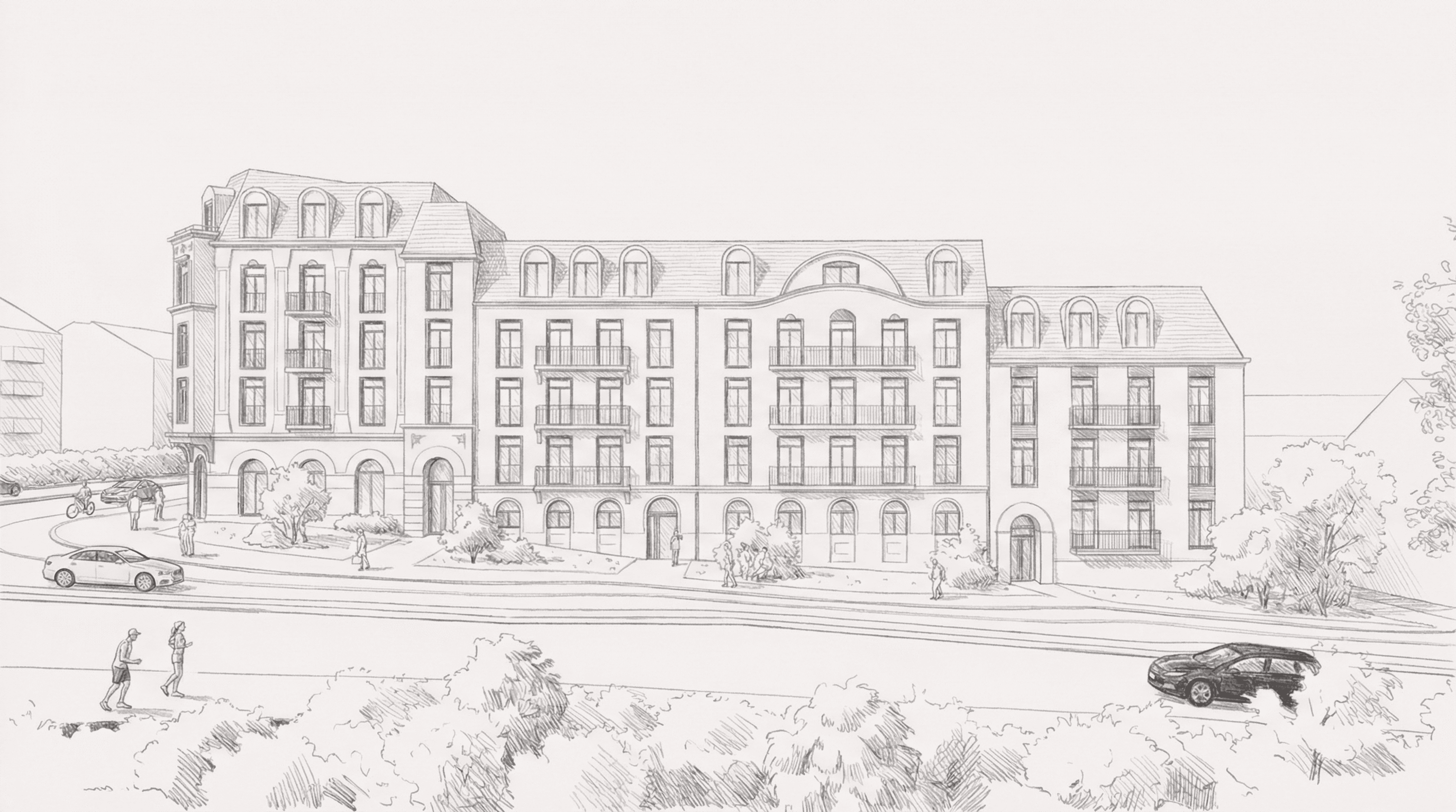 Arkitektonisk illustrasjon av HasleHaven sett fra siden med klassisk fasade og gjennomgangspassasje