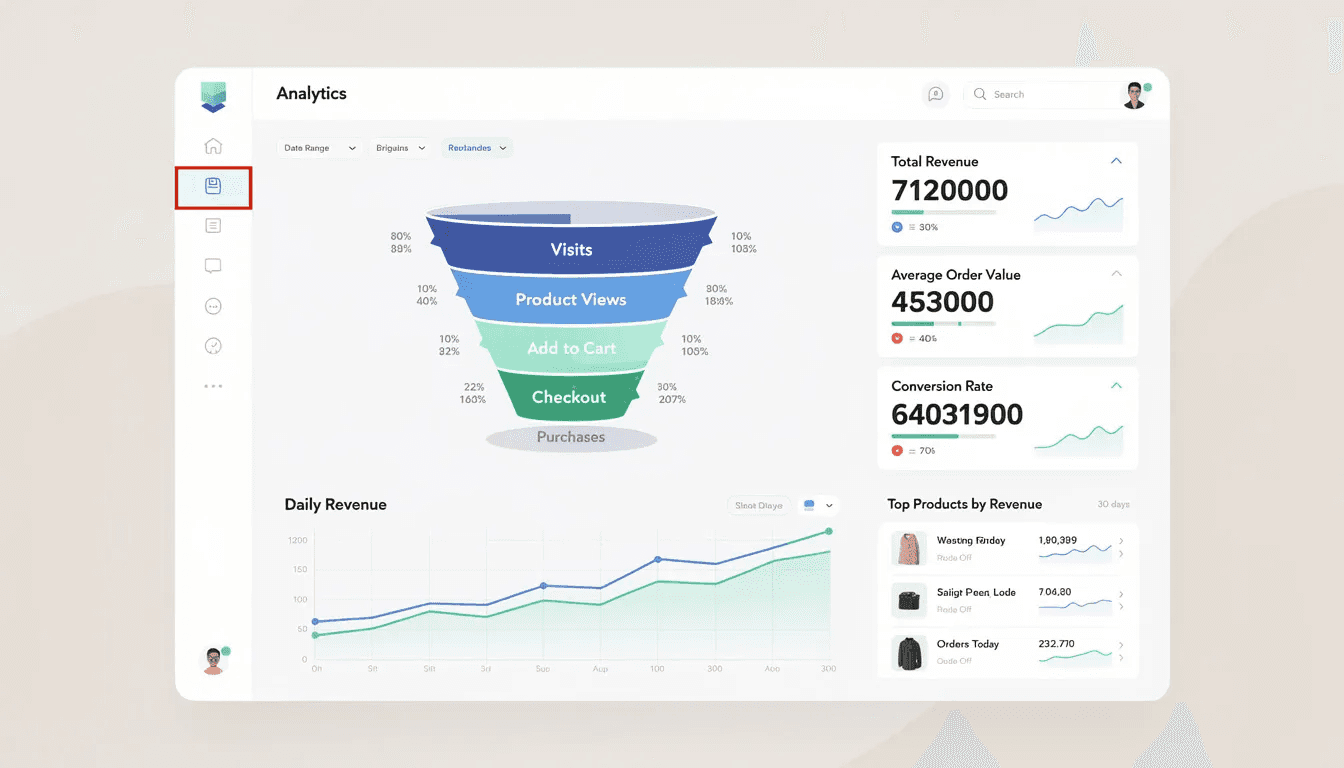 The image depicts a dashboard showcasing ecommerce analytics, highlighting key metrics such as conversion funnel and revenue figures. It serves as a vital tool for conducting a comprehensive SEO audit, helping ecommerce websites optimize their performance and improve user experience.