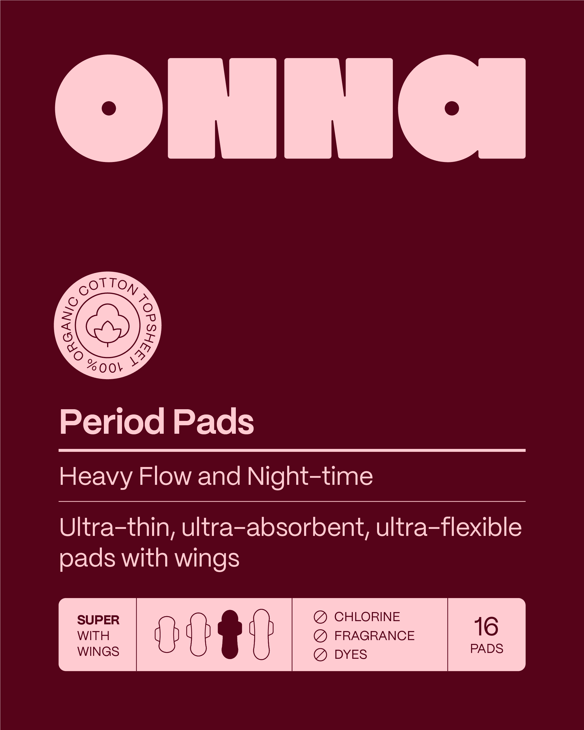 Period pad packaging front panel with organic cotton badge and product details