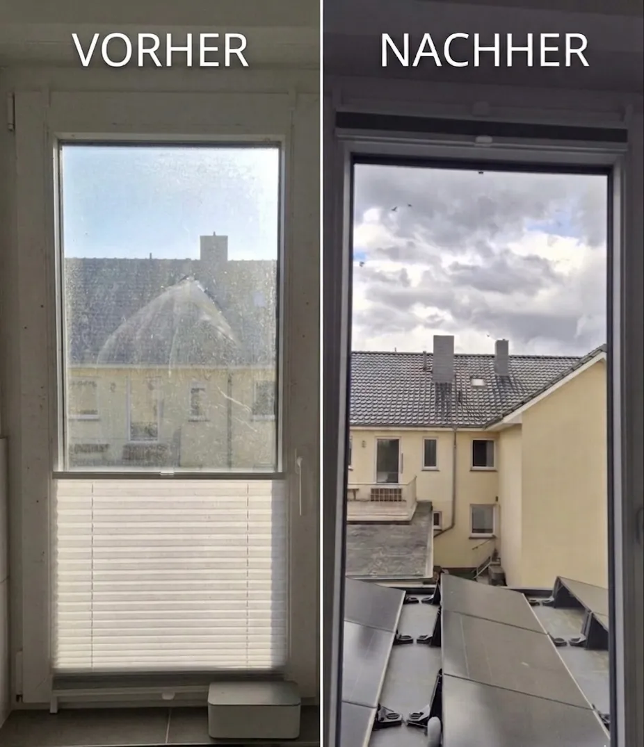 Fensterreinigung Hochparterre Osnabrück – Vorher-Nachher: stark verschmutzte Fensterscheibe und streifenfreies Reinigungsergebnis