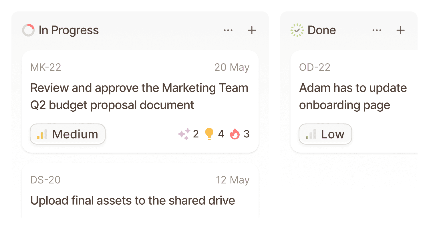 We can see one part of a kanban board. In this kanban board we can see an enlarged view of a task card, with a title, priority tag and markings that mark, the collected and connected knowledge to that task.