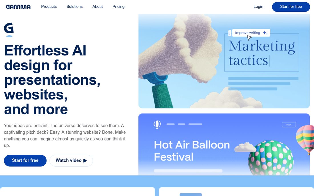 Gamma app homepage showing its AI design tagline for presentations, websites, and documents