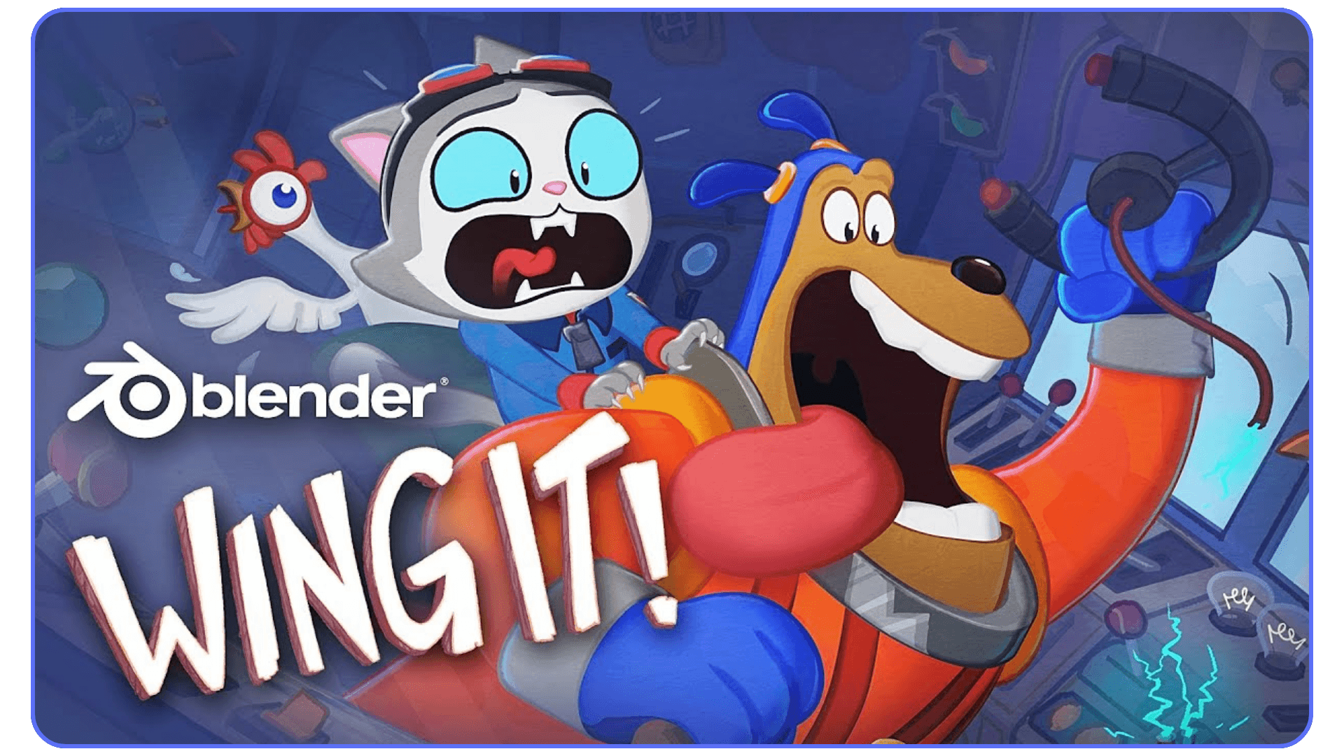Wing It! Blender Studio short film poster featuring a cat and dog flying through a chaotic space shuttle