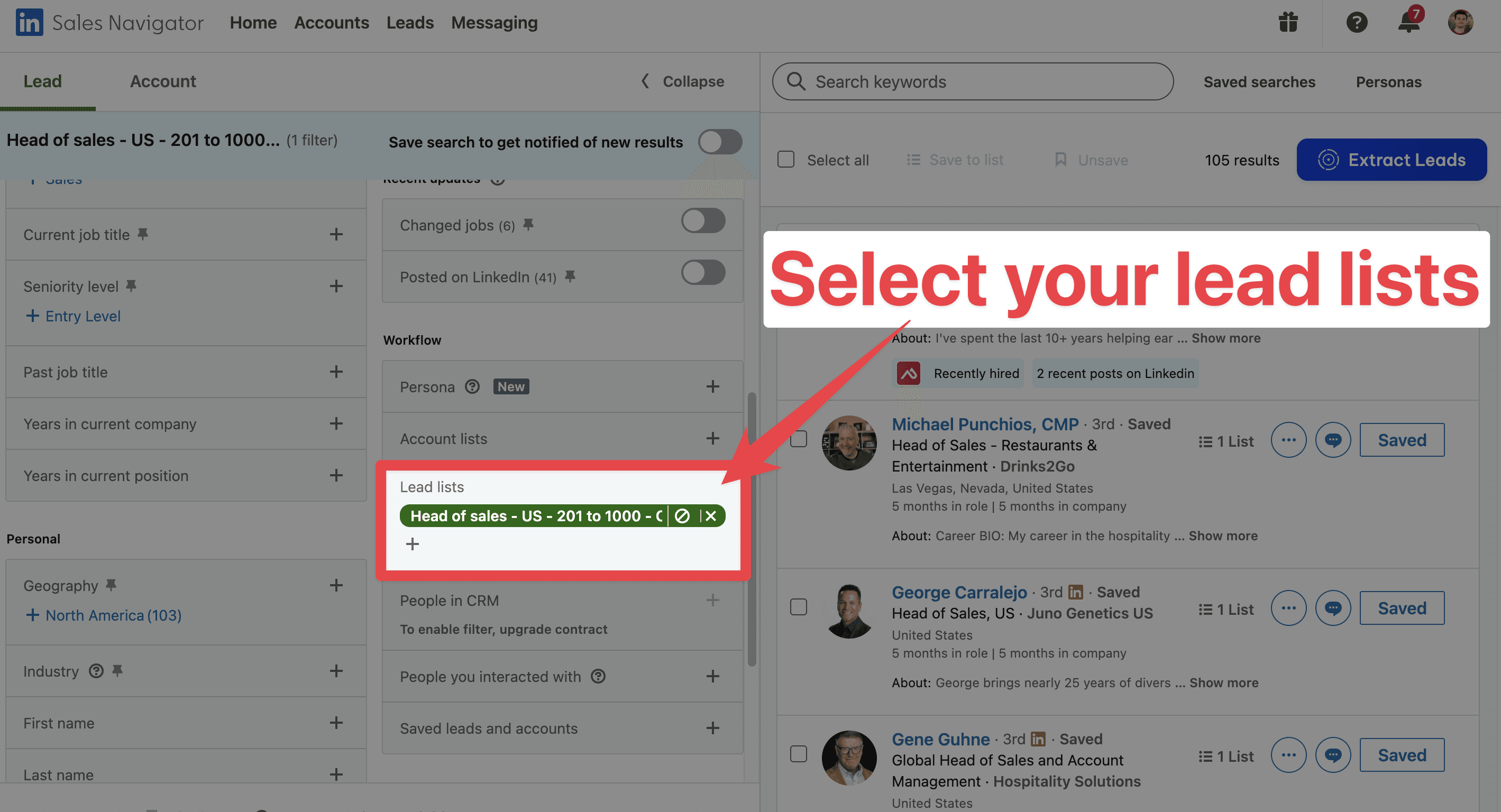 Select lead lists on LinkedIn Sales Navigator