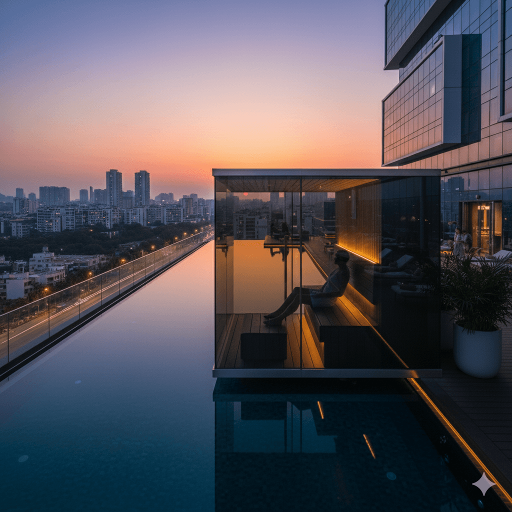 Modern glass sauna pod amenity on the M3M Line Noida rooftop.