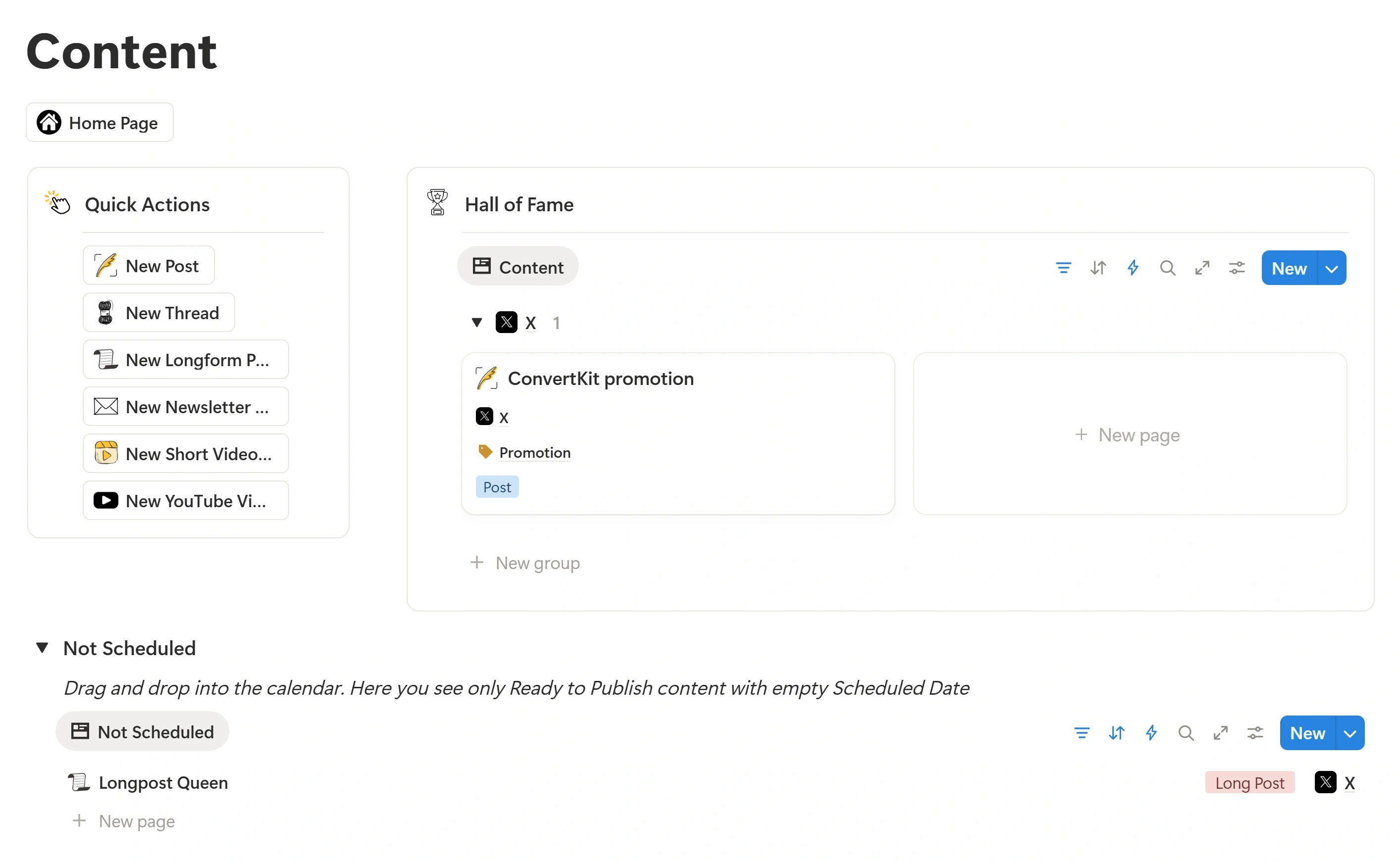 Screenshot of the Hall of Fame section in Notion showing high-performing content and quick action buttons for creating new posts.