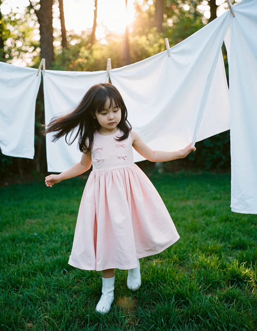 Child in pink dress playing between hanging white linens outdoors, sunlight filtering through trees creating a dreamy summer editorial scene