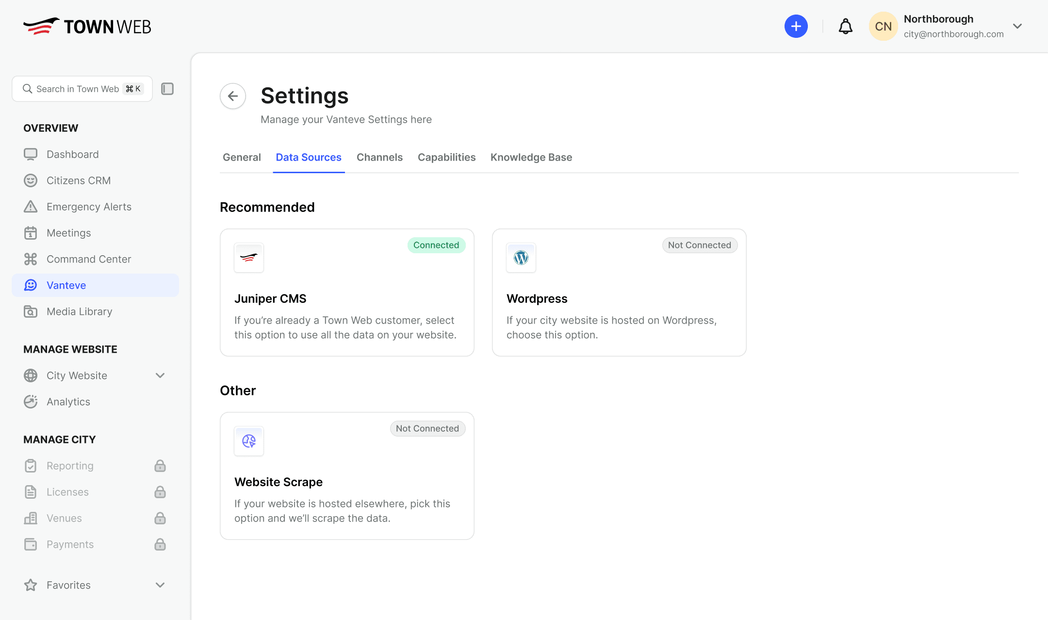 Data sources section of settings with Juniper CMS and Wordpress