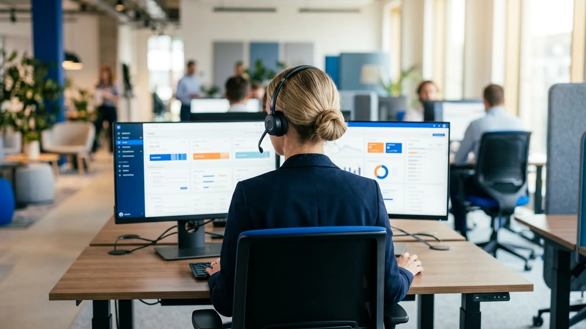 Agent de support client offshore travaillant sur un poste à double écran avec un casque professionnel