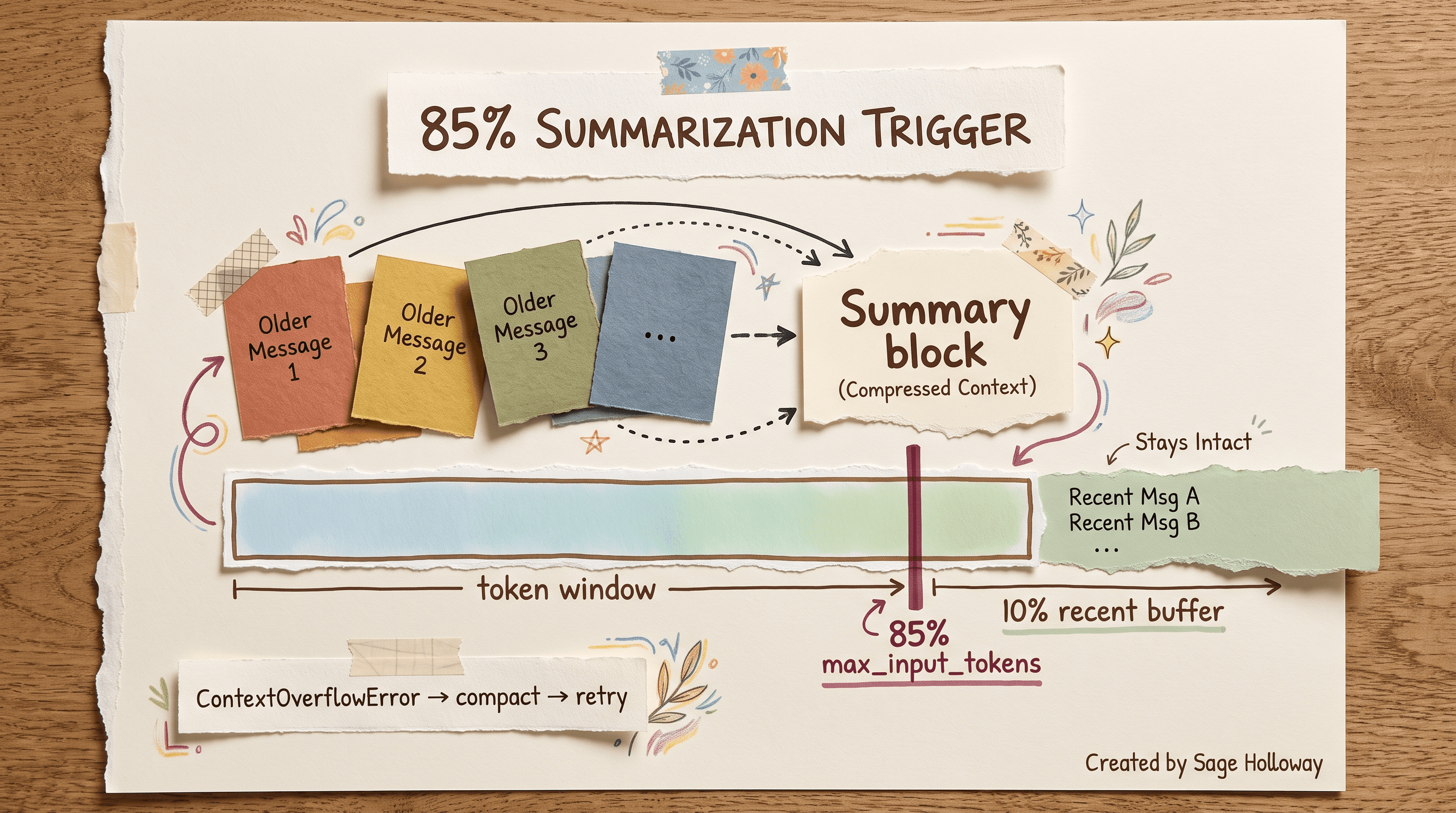 Scrapbook diagram of summarization middleware triggering at 85 percent token capacity