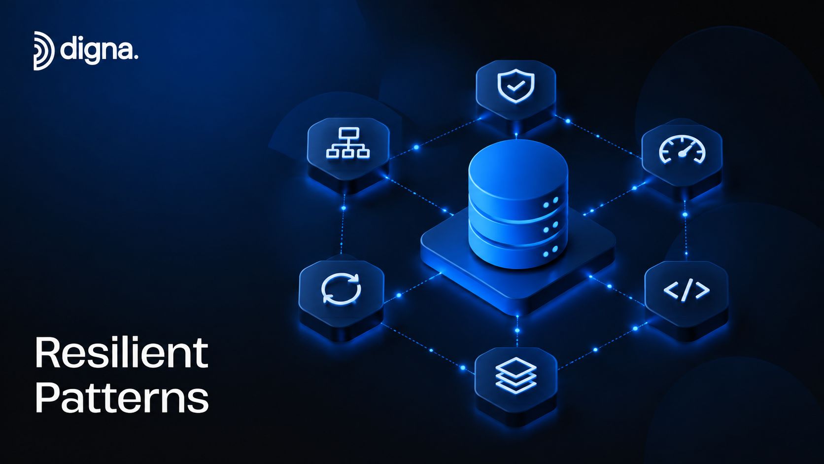 A 3D graphic showing a central database icon surrounded by interconnected hexagonal symbols representing digital resilience patterns.